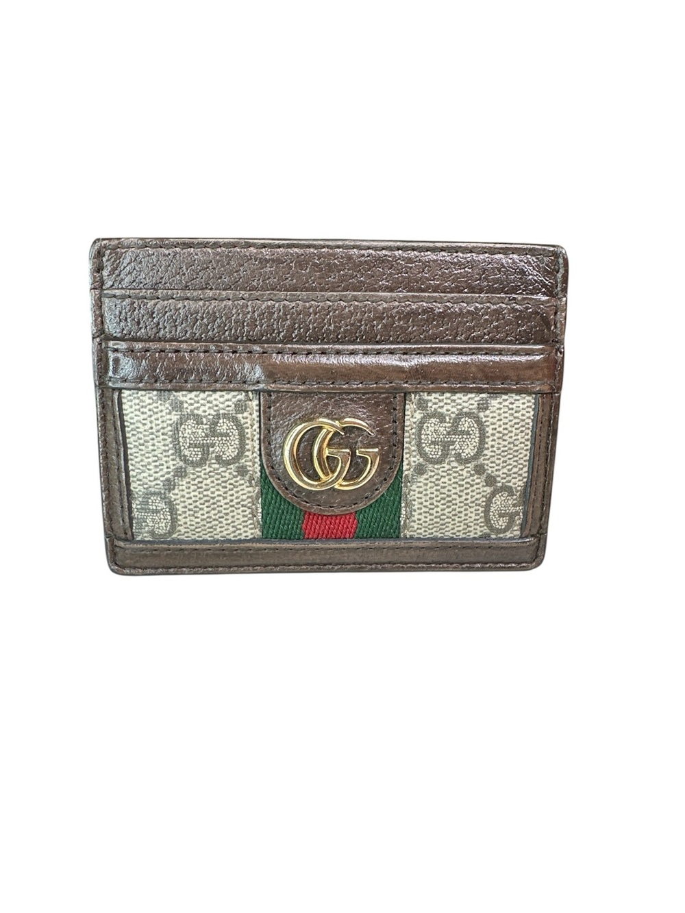 Gucci GG Canvas Card Holder with Brown Leather & Green-Red Web